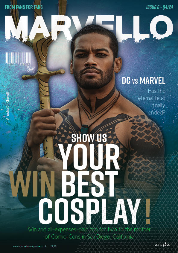 Magazine cover of tattooed man in water holding a stick. Title: Marvello and teaser text