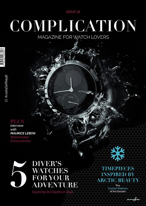 Magazine Cover with black background and close-up of a watch. Title: Complication and 3 teaser stories