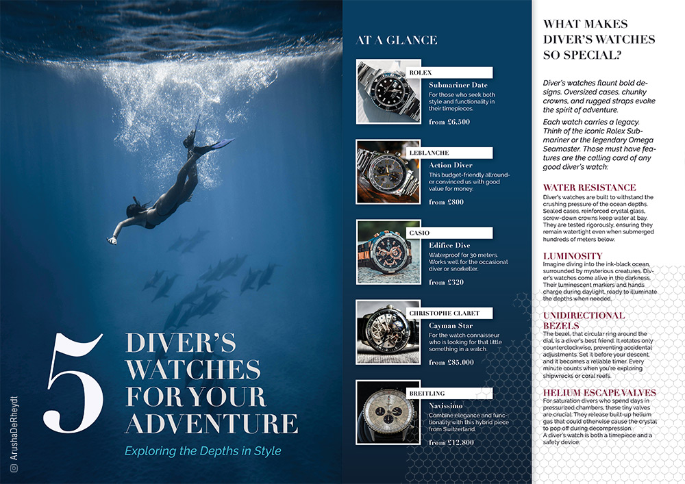 magazine spread with large image of diver underwater and five thumbnails of watches with title